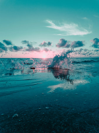 Splashing wave on the Black sea in the evening.