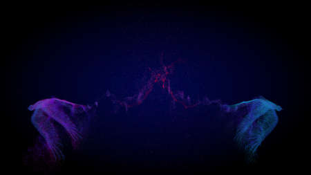 Two digital models of pink and blue magic birds of happiness fly along the trajectory of the heart. Phoenix bird, eagle silhouette. Wedding symbols, love relationships, romance. 3d renderingの写真素材