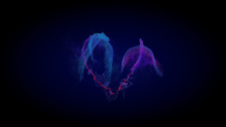 Two digital models of pink and blue magic birds of happiness fly along the trajectory of the heart....
