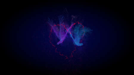 Two digital models of pink and blue magic birds of happiness fly along the trajectory of the heart. Phoenix bird, eagle silhouette. Wedding symbols, love relationships, romance. 3d renderingの写真素材