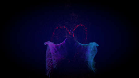 Two digital models of pink and blue magic birds of happiness fly along the trajectory of the heart. Phoenix bird, eagle silhouette. Wedding symbols, love relationships, romance. 3d renderingの写真素材