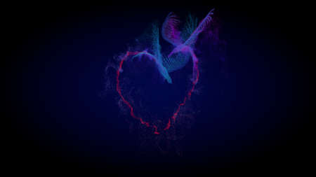 Two digital models of pink and blue magic birds of happiness fly along the trajectory of the heart. Phoenix bird, eagle silhouette. Wedding symbols, love relationships, romance. 3d renderingの写真素材