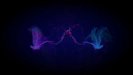 Two digital models of pink and blue magic birds of happiness fly along the trajectory of the heart. Phoenix bird, eagle silhouette. Wedding symbols, love relationships, romance. 3d renderingの写真素材