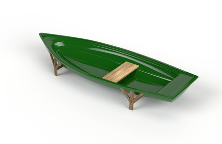 A green plastic fishing boat with a bench that stands on supports on a white background. 3d renderingの写真素材