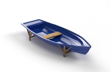A blue plastic fishing boat with a bench that stands on supports on a white background. 3d renderingの写真素材