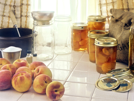 Freshly Picked Peaches, Mason Jars, Canning Ingredientsの写真素材