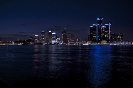 Detroit Skyline At Night From Canadian Side of The Detroit River, Blue Lightingの写真素材
