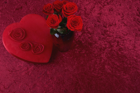 Valentine Heart, Red Roses on Red Crushed Velvetの写真素材