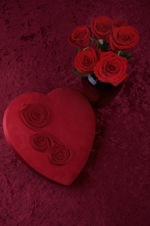 Valentine Heart, Red Roses on Red Crushed Velvetの写真素材