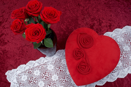 Valentine Heart, Red Roses, Lace Runner on Red Crushed Velvetの写真素材