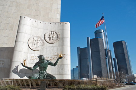 Spirit of Detroit Statue in Downtown Detroit with Renaissance Center, GM Headquarters, January 26,2018のeditorial素材