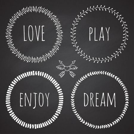Collection of floral frames. Cute hand drawn floral circle frames on the chalkboard. You can use it for wedding invitation, complementsのイラスト素材