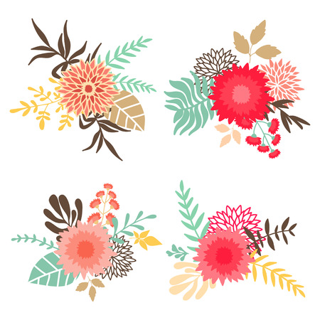 Collection of bouquets with flowers and leaves. Can be used for invitation design, wedding, greeting and birhday cards, etc. hand drawn illustration isoated on white backgroundのイラスト素材