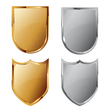 Collection of silver and golden shields with and without metal texture. Security symbol.のイラスト素材