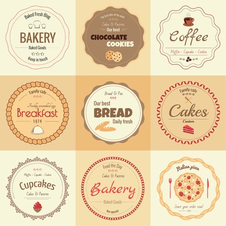 Set of 9 circle bakery labels, warm colorsのイラスト素材