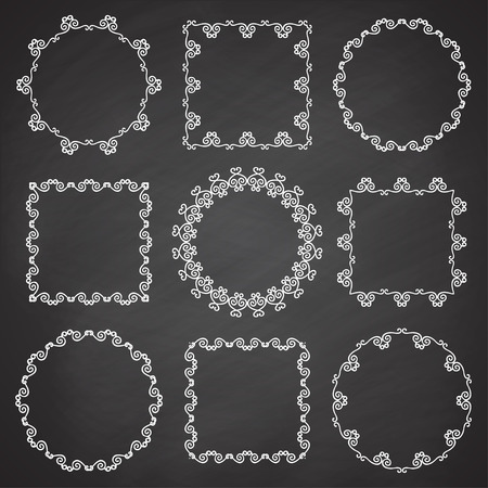 Collection of ornamental frames. Cute hand drawn circle and square frames on the chalkboard.のイラスト素材