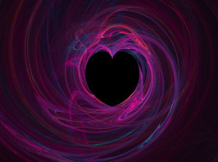Black heart with multicolored swirls of pink, blue,  and purpleの写真素材