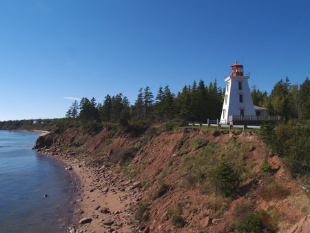 Red and white lighthouse on Prince Edward Island, Canada.       の写真素材