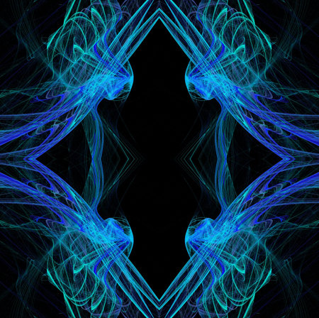 Diamond shaped continuous fractal pattern in blue and teal on a black background.の写真素材