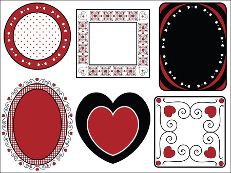 Six red, black and white Valentine borders, frames or tags with gingham trim.のイラスト素材