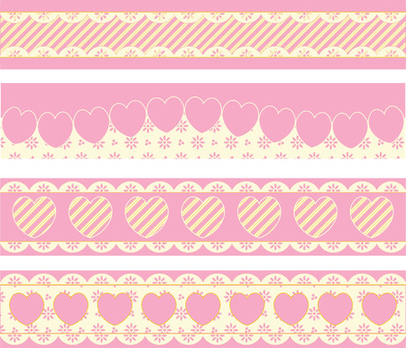 Four borders with Victorian eyelet hearts and stripes in pink, gold &amp, ecru. のイラスト素材