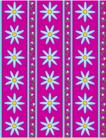   Pink wallpaper background with blue cornflowers accented by blue stripes and quilting stitches.のイラスト素材