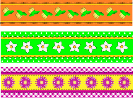 Three Flower Borders with dots, gingham and quilting stitches (eps10)のイラスト素材