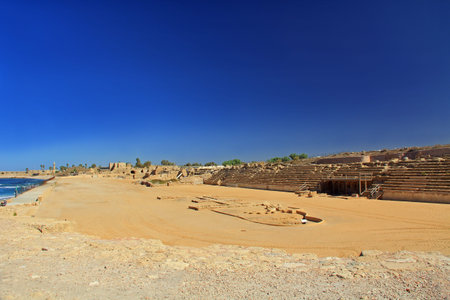 Hippodrome  ruins in Caesarea Maritima National Park, a city and harbor built by Herod the Great about 25-13 BC. The archaeological ruins are on the Mediterranean coast of Israel and it was the administrative capital.の写真素材