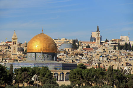 Panoramic view of the Temple Mount and the Dome of the Rock with the city of Jerusalem in the...