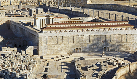 Model of ancient Jerusalem at the time of the second temple.  Focusing on the Temple Mount, Temple, The Royal Basilica, Huldah Gates, Robinsonâs Arch, and the Tomb of Prophetess Huldah,のeditorial素材
