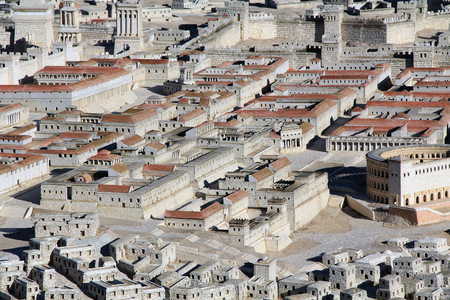 Model of ancient Jerusalem at the time of the second temple.  Including the Herodian Theater, Palace of High Priest Ananias and Royal Palace of the Hasmoneans.のeditorial素材