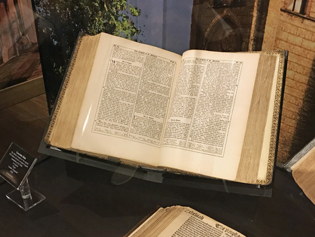 Williamstown, KY, USA - November 3, 2017:  Coverdale Bible, 1838 edition which was the first complete English translation of the Bible in Noah's ark replica at the Ark Encounter Theme Park in Williamstown, Kentucky, USAのeditorial素材