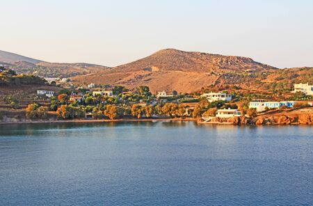 View of the island of Patmos, Greece in the Aegean Sea where St. Paul wrote the book of Revelation in the Bible with beautiful blue sky and water copy space.の写真素材