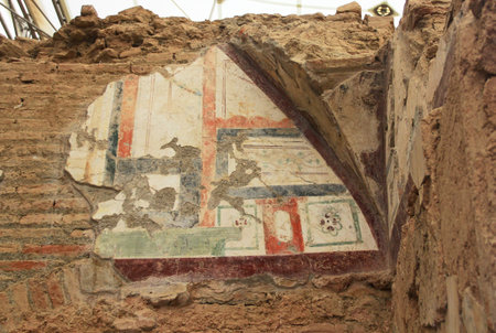 Archaeological remains with decorative frescoes paintings in a hillside house on the slopes of the...