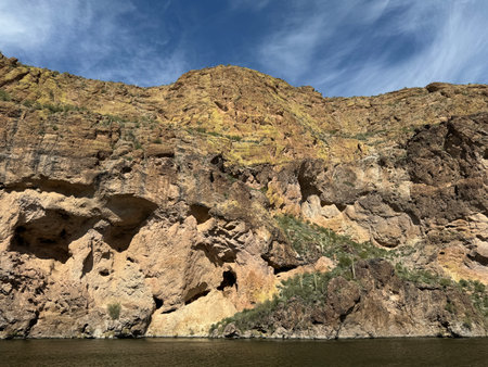 View from a steamboat, of Canyon Lake reservoir and rock formations in Maricopa County, Arizona in the Superstition Wilderness of Tonto National Forest near Apache Trail.  The lakeの写真素材