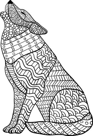 Coloring page with hand draw style and doodles with wolf. Anti stress coloring for adults.のイラスト素材