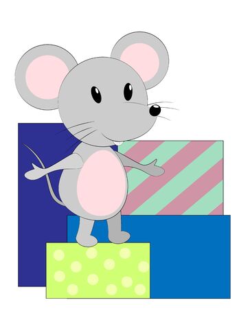 Vector illustration with mouse and gifts. Cartoon mouse greeting card.のイラスト素材