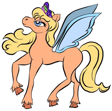 Vector cartoon pony. Cartoon character pegasus. Lovely pony with wings and crown.のイラスト素材