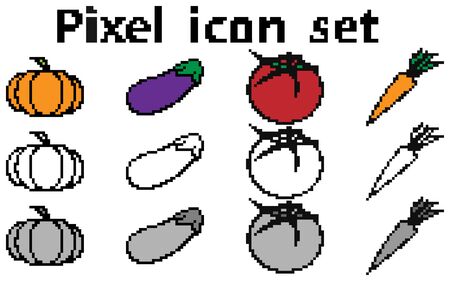 Vector set of pixel icons. Vegetable pixel icons. Colorful, outlines and greyscale pixel icons.のイラスト素材