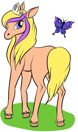 Vector cartoon pony. Cartoon character pony with butterfly. Lovely princess with crown.のイラスト素材