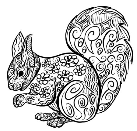Vector coloring squirrel. Anti stress coloring book page. Coloring for adultsのイラスト素材