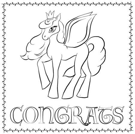 Vector outline pony. Card with cketch pony congrats. Magic coloring peugasus.のイラスト素材