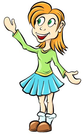 Vector cartoon girl. Character girl smiling. Cartoon happy girl showing something.の写真素材