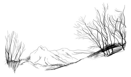 house in mountain landscape hand drawn vector illustration realistic sketch.のイラスト素材