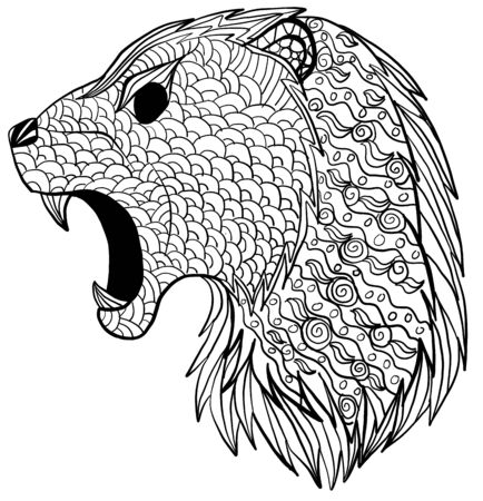 Hand drawn ornamental outline lion head illustration decorated with abstract zentangle doodles.のイラスト素材
