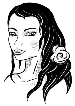 Sketch of a beautiful girl with curly hair. Black and white. Fashion illustration, vector.のイラスト素材