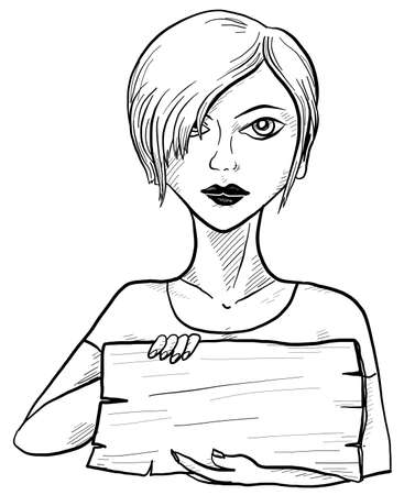 A woman holding a blank signboard across her chest. Hand drawn vector illustration.のイラスト素材