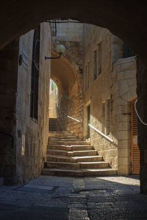 Streets in the form of stairs in the old city of Jerusalemの写真素材