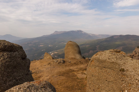 The mountain slope of the Demerdzhi massif. View of the valley from the top of the trailの写真素材