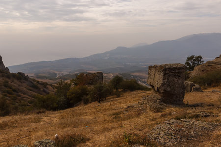 The mountain slope of the Demerdzhi massif. View of the valley from the top of the trailの写真素材